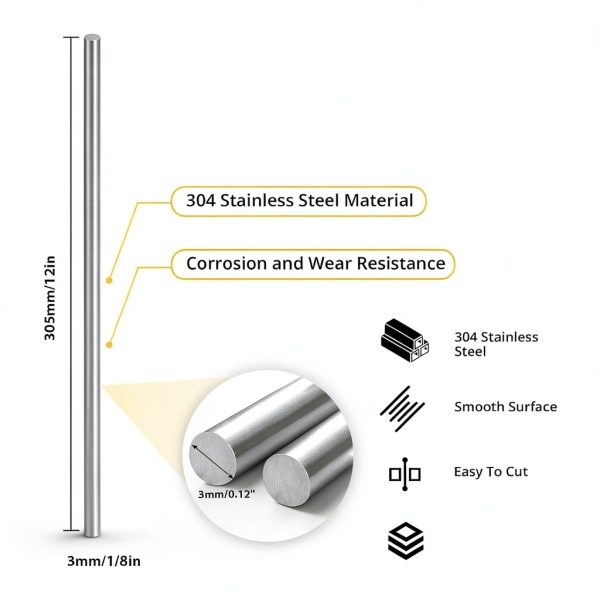 304 Stainless Steel Rods Phiowocx 12‑Pack 3mm Corrosion Resistant-1